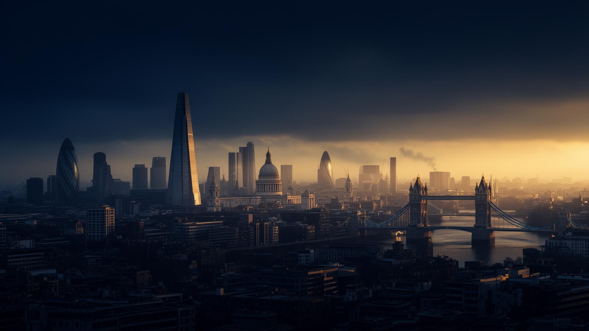 Cinematic view of the London skyline at dusk